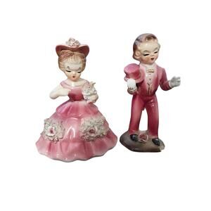 Vintage Arnart Porcelain Boy & Girl Couple Figurine Pink 5"(boy has little chip)
